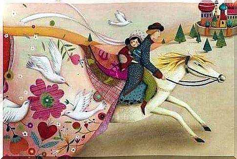 Fairytale couple on a white horse